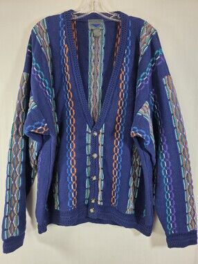 Vintage 90s Etchings Navy Blue Geometric Knit Cardigan Sweater XL Chunky Retro